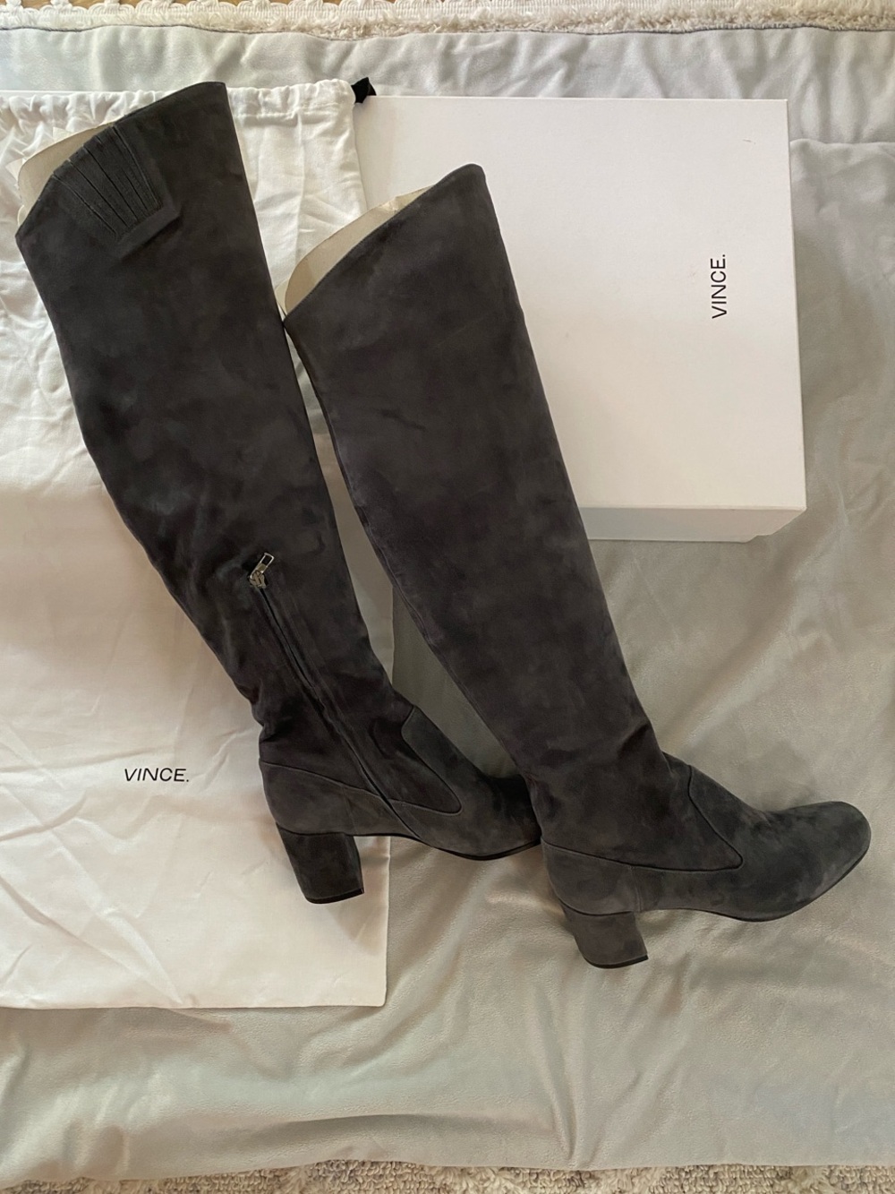 Vince “Blythe” Over-the-Knee Suede Block Heel Boots in Charcoal Gray
